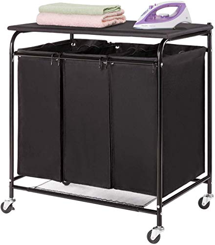 ARTALL Chariot à Linge avec Planche à Repasser Panier à Linge avec 3 Sacs Amovibles Corbeille à Linge avec roulettes, Noir
