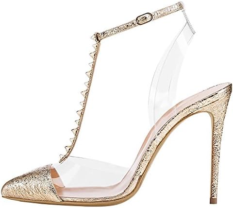SYYAN Women's PVC Transparent Studded Pumps Pointy Toe High Heels Dress Sandals Shoes Gold , Gold , 37