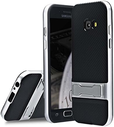 Samsung A3 2017 Case, Lincivius® [Carbon Stand] Samsung Galaxy A3 2017 Bumper Case Crutch - Silver Edge Back Matte Black Heavy Duty Shockproof Hybrid Gel 2 Parts 2 in 1 Carbon Design