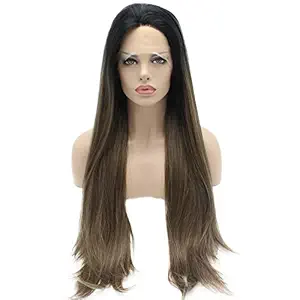 Mxangel Long Straight Lace Front Synthetic Hair Black Brown Ombre Wig Natural Hand Tied Heat Resistant Lace Wig