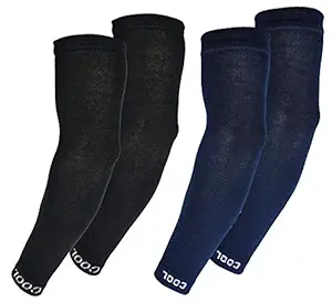 Cotson Men Women Cotton Arm Sleeves for Sports and Bike Riding Combo Pack of 2 (Black, Navy Blue)