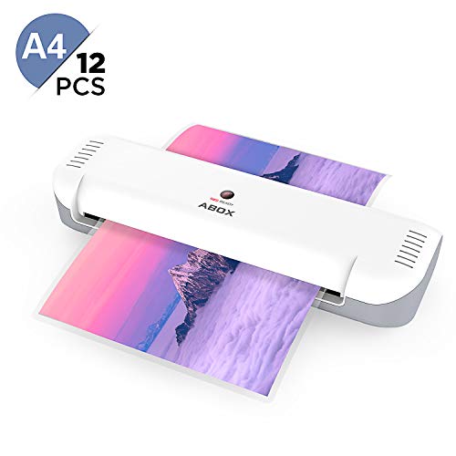 Plastificadora A4, ABOX Máquina de Laminadora con ABS Función incorporada y 12 bolsas de laminado, 2 rodillos de calientamiento rápido, perfecto para uso en colegio, oficina y casa