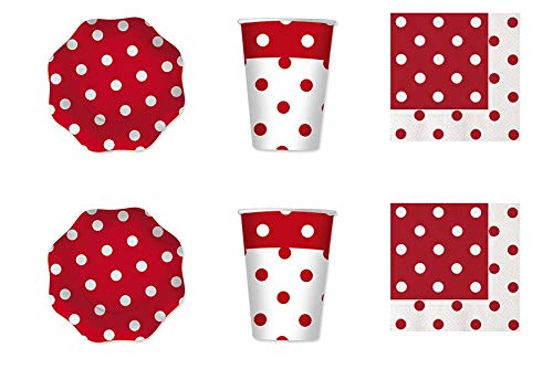 Cdc - kit n°2 Coordinato Pois rosso da tavola per festa e party ed ogni ricorrenza - (20 piatti, 20 bicchieri, 20 tovaglioli)
