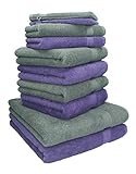 Verkaufseinheit: Frottee Set 2 Duschtücher 70 x 140 cm 4 Handtücher 50 x 100 cm 2 Gästetücher 30 x 50 cm 2 Waschhandschuhe 16 x 21 cm. Farbe: lila & anthrazit grau