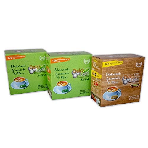 DULCILIGHT STEVIA 200 Sobres + CAÑA 100 SOBRES, EDULCORANTE GRANULADO EL MEJOR SABOR, producto categoría Gourmet, Pack de 3 Estuches x 100 C/U.