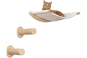 UINOFER Kletterwand Katzen, Wandmontage Katzenhängematte mit Katzenleiter, Katzenbett zum Klettern aus Natur-Holz (Hängematten-Set)