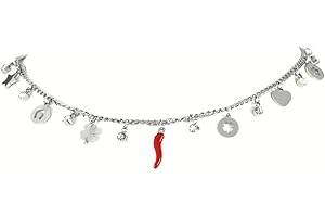 Flowers Collana in Acciaio color Oro o Argento Portafortuna con Ciondolo Corno Rosso, Stelline Cuore e zirconcini Punti luce