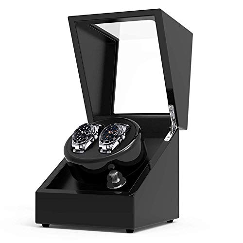 GJR-L Automatic Double Watch Winders Box AC Battery Powered, Dual Wooden Winder Rotator Storage Case 2+0,Black