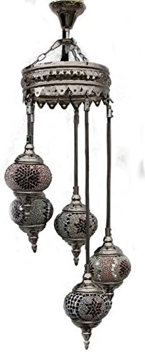 Turkish Ceiling Light, Suspended 5 Spiral Mesh Chains, Hand Made Glass Mosaic, Colourful Unique Glowing Shades Silver Metal Work