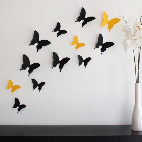 Wandkings Schmetterlinge im 3D-Style in SCHWARZ, 12 Stück, Wanddekoration mit Klebepunkten zur Fixierung - 3
