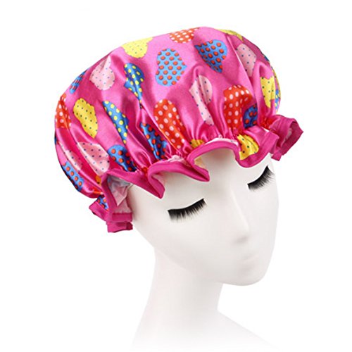 Fletion Fashion Girls Ladies Women's Polka Dot Flower Printed Bathing Cap Satin Cloth + EVA Double Layer Waterproof Elasticated Bath Hat SPA Dry Hair Shower Cap Salon Hair