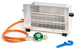 GAS-SHOP-24 1,7 kW Zeltheizung mit Zündsicherung/Mini Gasheizung Aluminium mit Gasschlauch, Druckminderer (Angler Heizung, Campingheizung, Outdoorheizung, Outdoor, Camping, Zelt)