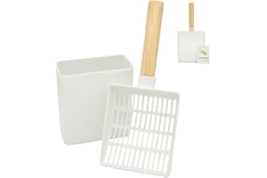 Vitisyao Durable Cat Litter Scoop with Caddy, Cat Litter Scooper with Holder, Premium ABS Material Cat Litter Sifter with Solid Wood Handle, Cat Scooper for Litter Box with Stand