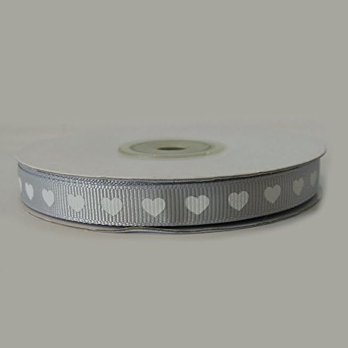 various colours Grosgrain ribbon with white hearts 10mm x 25 metre Full Roll (Silver)