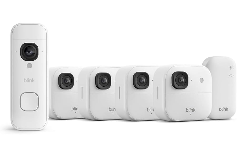 Blink Outdoor 2K+ Kameras mit Blink Videotürklingel 2K+ Batterie (neueste Generation), Weiß, inkl. Sync Module Core