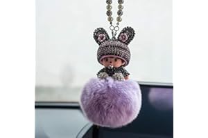 SYSUII Auto Rückspiegel Ornament,Bling Strass Rückspiegel Anhänger Süße Puppe Plüsch Ball Auto Hängende Anhänger Niedlich Auto Spiegel Anhänger Auto Innen Dekoration Geschenke für Frauen Männer-Lila