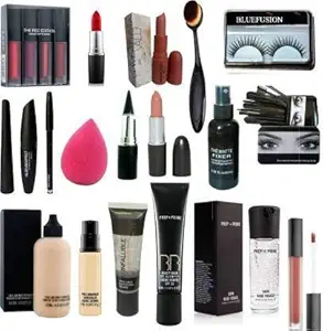 BLUEFUSION 4 Pcs Red Edition Lipstick,Oval Foundation Brush,Waterproof Eyeliner,Mascara,Eyebrow Pencil,Blender,12 Pcs makeup Brush (19 Items in the Set)