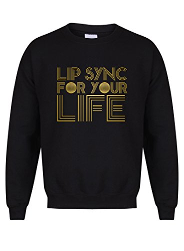 Kelham Print Lip Sync For Your Life - Unisex Fit Sweater - Fun Slogan Jumper (Medium - Chest 38-40 Inches, Black/Gold)