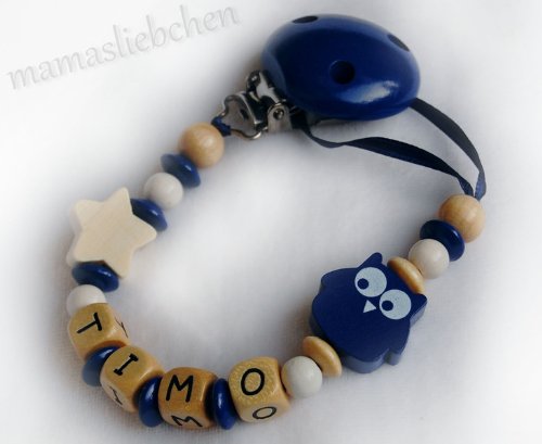 Personalised Dummy Clip with name, soother chain, dummy holder, pacifier clip - owl star #11964, handmade by mamasliebchen