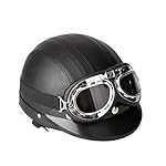 KKmoon Helmet Motorcycle Motorbike Scooter Open Face Half Leather Helmet with Visor UV Goggles Retro Vintage Style 54-60cm