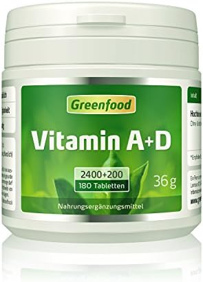 Greenfood - Vitamin A / D, 4000/1000 iE, 180 tablets, vegan - good vision, powerful bones, strong immune system. WITHOUT magnesium stearate! NO artificial additives. Non-GMO. Vegan.