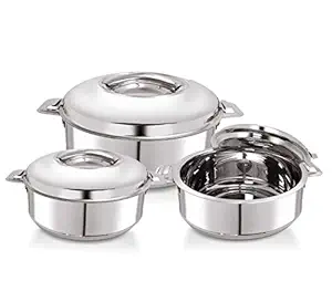 WARMEO Stainless Steel Solid Casserole - 1000 ml, 1500 ml, 2500 ml, Set of 3, Silver