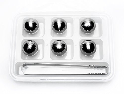 Whisky Steine Set von GTline – 6 wiederverwendbare Edelstahl Kühlsteine rund + Eiszange + Eiswürfelbox I 6er Set Edelstahl Eiswürfel I Whiskey on the rocks ice cubes - 6