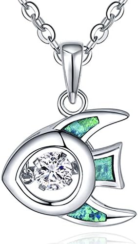 YH Women Necklace,925 Sterling Silver Green Fire Opal "Dancing Diamond" Cubic Zirconia Necklace,Sea Fish Pendant with Chain,Jewellery for Women