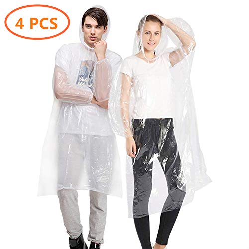 HEOCAKR Desechable Chubasquero, 4 Pack Poncho de Lluvia Transparente con Capuchas y Mangas, Poncho Impermeable para Hombre o Mujer, para Viajes, Picnic, Deportes, Senderismo y Acampada