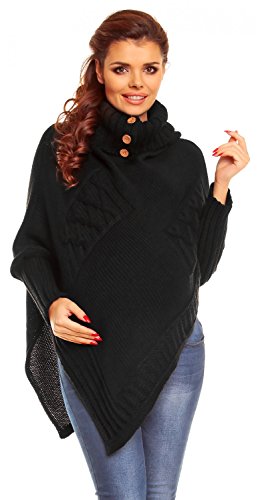 Zeta Ville Maternity Women's Chunky Cable Knit Sweater Poncho Rolled Neck - 312c (Black, ONE SIZE UK 8/10/12)