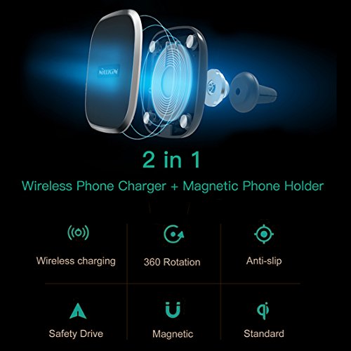 Cargador de coche inal  mbrico  Nillkin 2 en 1 Qi almohadilla de carga inal  mbrica y soporte magn  tico de montaje en el aire para iPhone X   8 8 Plus Nota de Samsung 8   S8 Plus   S7   S6 Edge Note 5 y todos los dispositivos con Qi habilitados-Modelo A