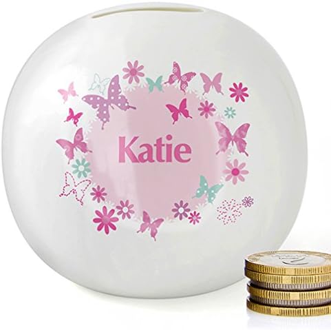 Personalised Money Box For Girls, Butterfly. Ceramic. Childrens / Baby Moneybox, Piggy Bank, Jar. Pink. Newborn Baby Girl Gift