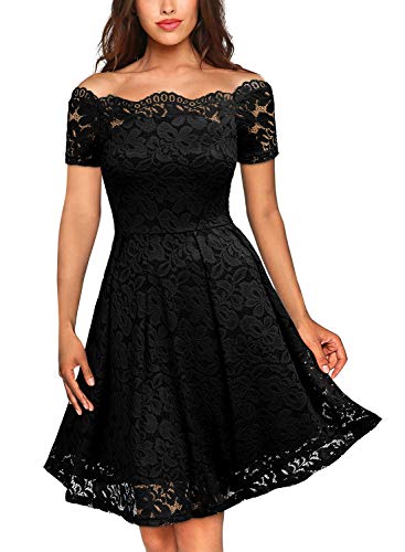 Miusol Vintage Dentelle Off-Epaule Court Robe de Soirée Femmes Noir XX-Large