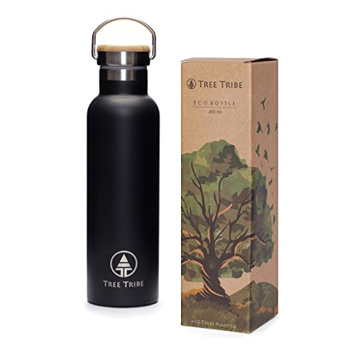 Tree Tribe Stainless Steel Black Water Bottle 600 ml - Indestructible, BPA Free, 100% Leak Proof, Eco Friendly, Double Wall Insulated for Cold/Hot Drinks, Wide Mouth - Ideal for Hiking, Outdoor Sports, Yoga, Gym, Office Thermos, Camping