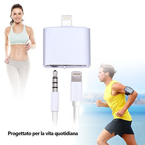 ATETION [ Supporting control music and call volume ] 2 in 1 Lightning to 3.5mm Aux Adapter for iPhone 7 / 7 Plus, Earphones Jack Cable Audio Adapter and Lightning to Charger (Silver)