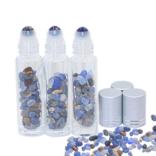 Gemstone Glass Bottle 3 Pack Essential Oil Roller Bottles 10ml Semiprecious Gemstone Roller Ball Bottle Perfume Roll On Containers with Healing Crystal Chips Inside&Silver Caps by Constore