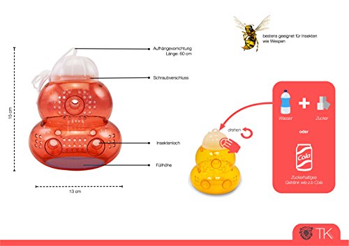 2x Wespenfalle / Bienenfalle / Insektenschutz / Fliegenfalle aus plastik Glas ohne Gift – Insektenabwehr, Mückenabwehr, Bienenabwehr, Hornissenabwehr Dauerköder für Indoor und Outdoor wie Garten, Balkon, Terasse von TK Gruppe - 2