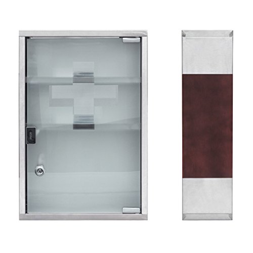 Relaxdays Medizinschrank EMERGENCY Edelstahl und Holz-Optik XL HBT: 45 x 30 x 12 cm mit 3 Fächern und Glas-Tür zum Abschließen inkl. 2 Schlüsseln für Erste Hilfe moderner Stil fürs Bad, silber / braun - 6