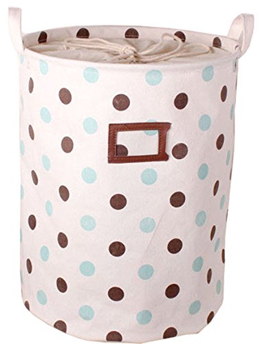 GreenForest Cotton Linen Storage Round Backets Laundry Bin 13.78*17.72 Inch, Blue and Brown Dots