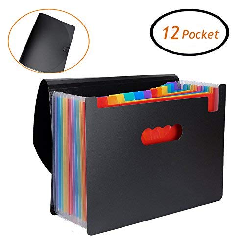 Amaza Cartella Portadocumenti A4, Organizer Espandibile, Portadocumenti Fisarmonica, 12 Tasche, Portatile, Multicolore in Plastica, Ufficio della società Casa (Nero)
