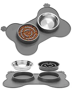 Topcovos Dog Food Bowl, Stainless Steel Dog Bowl & Slow Feed Wet/Dry Dog Bowl with No Spill Non-Skid Silicone Mat for Medium & Large Dog