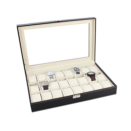 Preisvergleich Produktbild Uhrenbox Uhrenkoffer Herren Frauen Uhrenkasten für 24 Uhren Uhrenschatulle aus Kunstleder Uhrenvitrine in Gelb (innen) + Schwarz (außen)