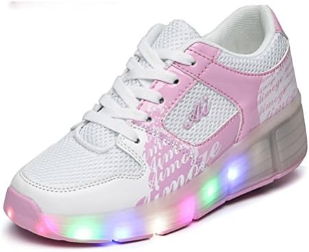 TeraSeven Unisex LED light Heelys Mesh Shoes Rolls Adjustable Skates Rollerblades Inline Skates Single Wheels Boys Girls Kids Unisex Adults White Pink(13 Child UK)