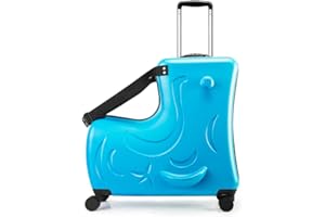 AO WEI LA OW AOWEILA Hardside Ride on Kids Luggage with 4 Spinner Wheels for Girls and Boys, Rolling Childrens Travel Suitcase with Seat and Safety Belt for Toddler Ages 2-12, Ocean Blue, 20-Inch Carry-On for Most