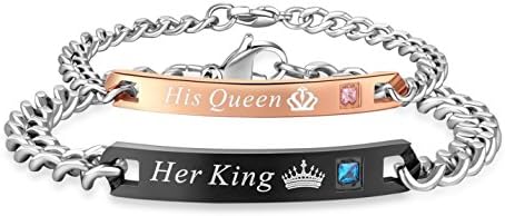 Starryjewelry His and Hers "Her King &amp; His Queen" Stainless Steel Couple Bracelet with AAA CZ Stone (His Queen and Her King)