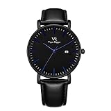 Vigor Rigger Herren Armbanduhr Quarz Superdünn Schwarz Armbanduhr für Damen und Herren Classic Minimalistisches Design mit Datum Kalender und Weiche Lederarmband