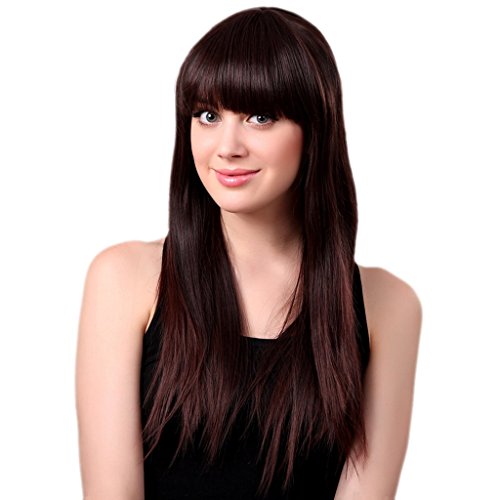 Bigood 65cm Natural Smooth Medium hairstyle straight Neat bang Dark brown wig