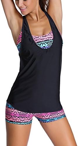YuanYan Women's Black Sporty Tankini Set With Boy Short Swimwear 2 or 3 Pieces Swimsuit Mesh Swimming Costume (FBA)