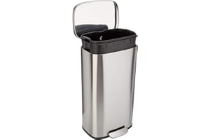 AMAZONBASICS Amazon Basics Odporny na smugi prostokątny kosz na śmieci z pedałem nożnym umożliwiającym ciche zamknięcie, 30 litrów, wykończenie nikiel satynowy