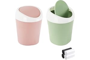 QLFJ-FurDec 2 Pezzi Mini Bidone Spazzatura, Pattumiera da Tavolo con 4 Rotoli di Sacchi Cestino Bagno con Coperchio per Bagno, Cucina, Portatile Portarifiuti, 10x12x17cm (Rosa, Verde)